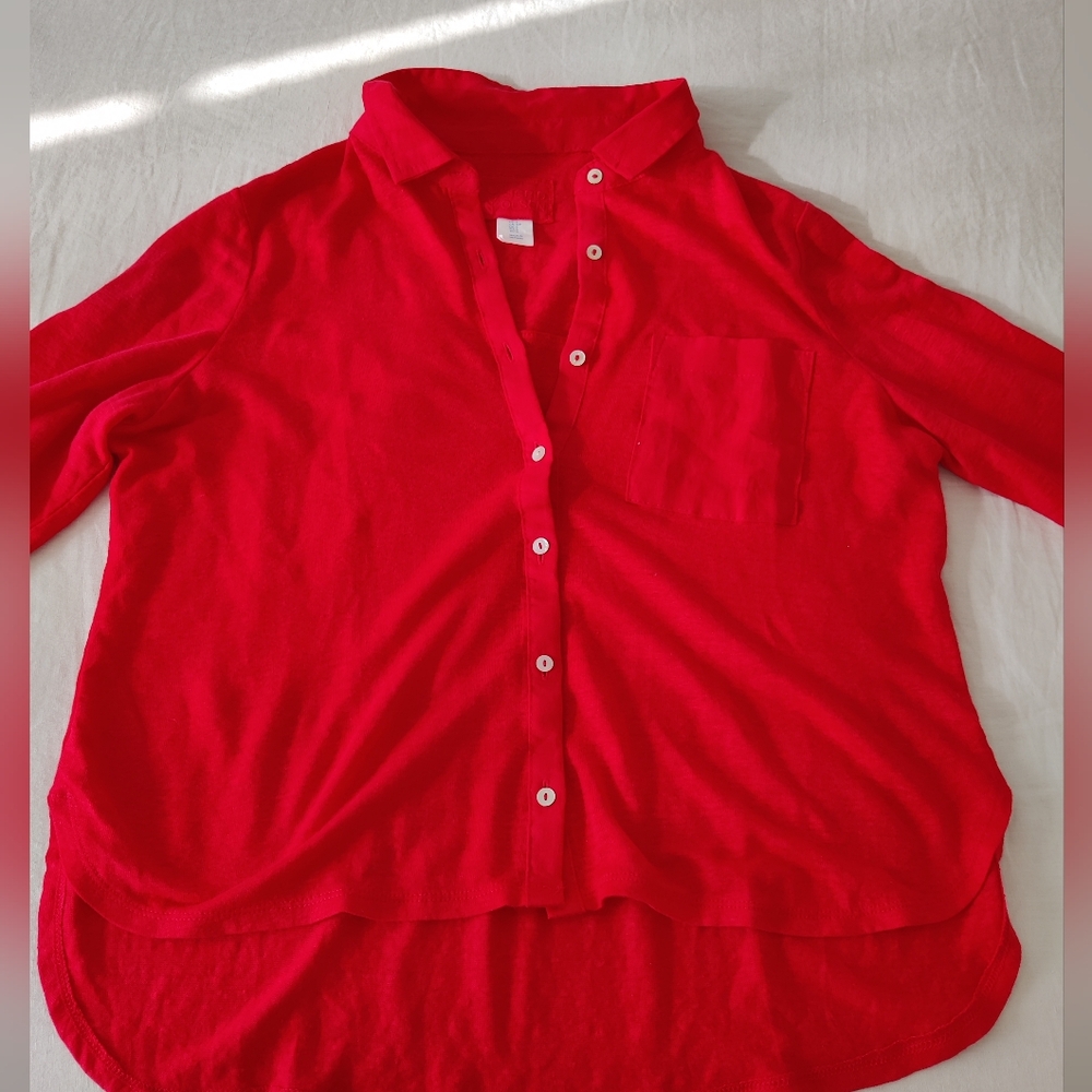 Sigrid Olsen Red Linen Button-Up Shirt